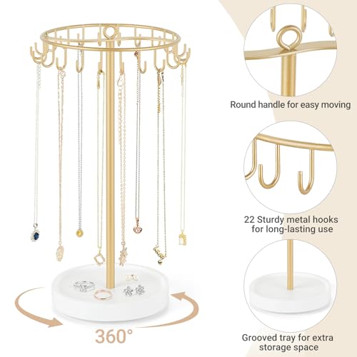 Mkono Rotating Necklace Holder, Gold Jewelry Display Rack Organizer Stand | 360° Rotation Tree Tower, 22 Hooks Hanging, Storage for Bracelets Keychains, Home Bedroom Dressing Table Decor,Women Gifts