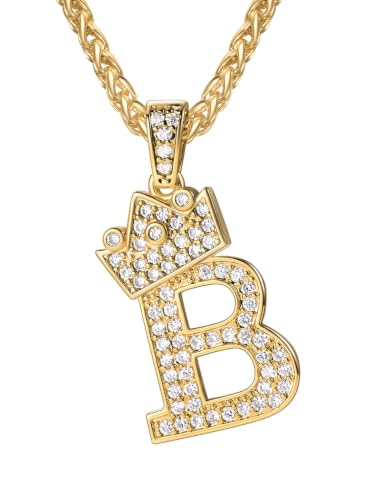 U7 Crown Initial Necklace Men Women, Bling Diamond A-Z 0-9 Letter Pendant with Wheat Chain, Silver/Black/Gold Plated CZ Alphabet Number Hip Hop Jersery for Father Husband - color: a. Gold, size: 02. B