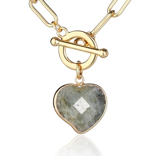 14K Gold Plated Two Sides Carved Stone Heart Shape Necklace for Women Love Pendant Necklace Jewelry for Daily and Gifts - color: Labradorite