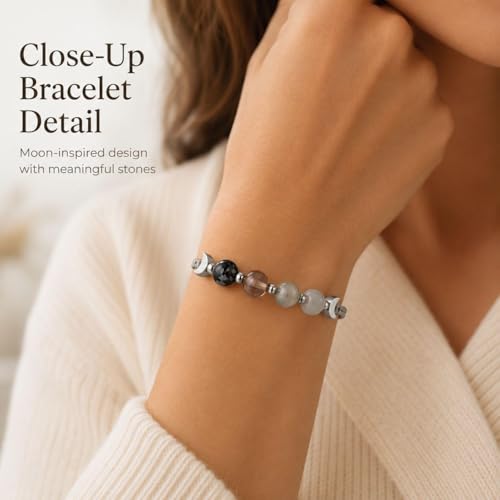 Moon Phase Bracelet for Women, Natural Stone Beaded Bracelet with Crescent Moon Charm, Black Grey White Stretch Bracelets with Message Card, Celestial Jewelry Gift for Women