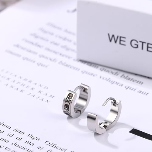 Aroncent 2-8Pcs Womens Mens Huggie Hoop Triangle Earrings Viking Runes Stainless Steel Ear Stud Novelty Black/Gold/Silver - color: D-Skull Hoop Earrings-Sliver