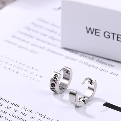 Aroncent 2-8Pcs Womens Mens Huggie Hoop Triangle Earrings Viking Runes Stainless Steel Ear Stud Novelty Black/Gold/Silver - color: D-Skull Hoop Earrings-Sliver