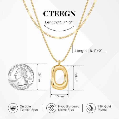 14K Gold/Silver Plated Dainty Snake Chain Layered Necklace for Women | Irregular Oval Pendant Minimalist Dainty Statement Gold Layering Everyday Jewelry - color: Gold - Brushed