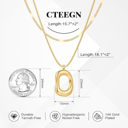14K Gold/Silver Plated Dainty Snake Chain Layered Necklace for Women | Irregular Oval Pendant Minimalist Dainty Statement Gold Layering Everyday Jewelry - color: Gold - Brushed