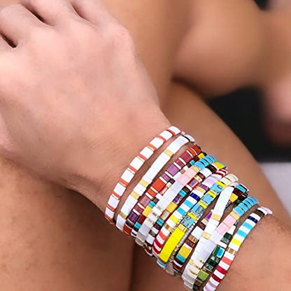 Sonateomber Tila Flat Beaded Stretch Bracelets for Women, Trendy Unique Colorful Square Beads Handmade Stack Bracelet Friendship Accessories Fashion Jewelry Gift - color: Grey Red