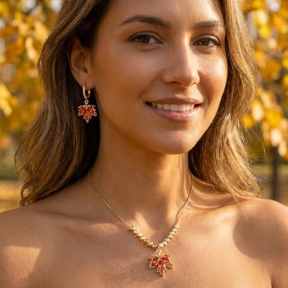 Gold Silver Stud Earrings Pendent Necklace Sets for Women, Dainty Rhinestone Crystal Necklace Earing Jewelry Set Wedding Accessories Fashion Holiday Gift - color: MapleLeaf