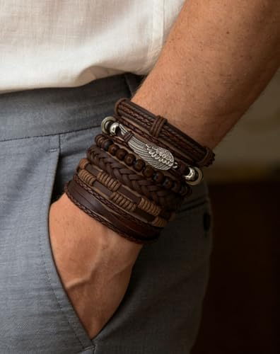 8Pcs Punk Leather Bracelet Set for Men & Women, 6Pcs Braided PU Cuffs, Necklace & Keychain, Adjustable, Stackable - style: BrownWings