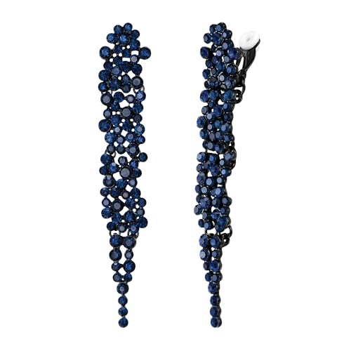 EVER FAITH Rhinestone Crystal Art Deco Statement Clip-on Earring, Wedding Prom Long Chandelier Dangle Earrings for Women - color: Sapphire Blue Black-Tone
