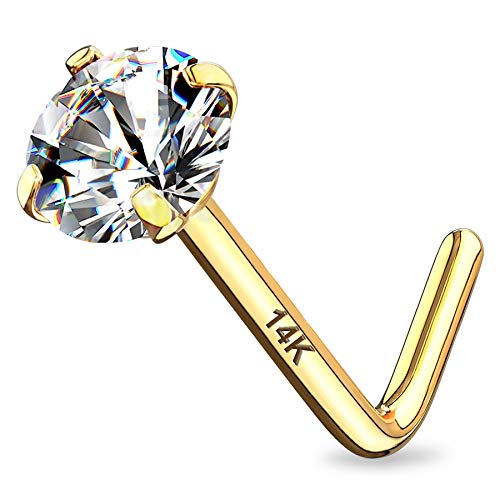 14K Real Gold Nose Studs 20G Nose Rings Studs L Shaped Nose Rings for Women Men Diamond CZ Nose Piercing - color: Yellow Gold-Round CLCZ