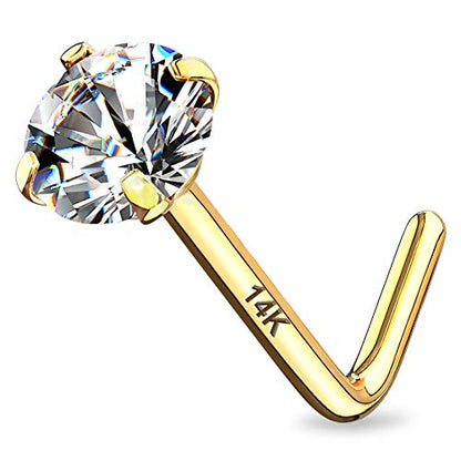 14K Real Gold Nose Studs 20G Nose Rings Studs L Shaped Nose Rings for Women Men Diamond CZ Nose Piercing - color: Yellow Gold-Round CLCZ