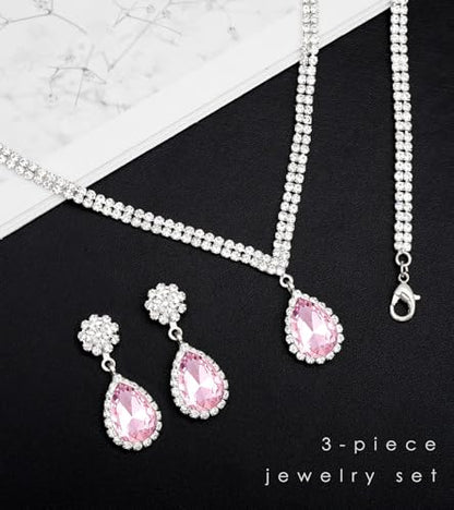 Elegant Silver Crystal Wedding Necklace Earrings Bracelet Jewelry Set for Women Brides Bridesmaids Prom Party Costume Accessory Bridal Jewelry - color: silver-pink