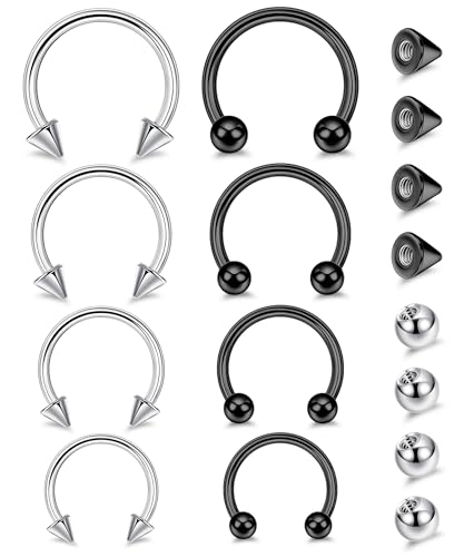 8Pcs 14G 16G 18G 20G Horseshoe Septum Nose Ring Helix Cartilage Earrings Hoops Hypoallergenic Tragus Daith Eyebrow Lip Ring Smily Piercing Jewelry Replacement Ball Spikes 7-12MM - color: Silver + Black, size: 14G