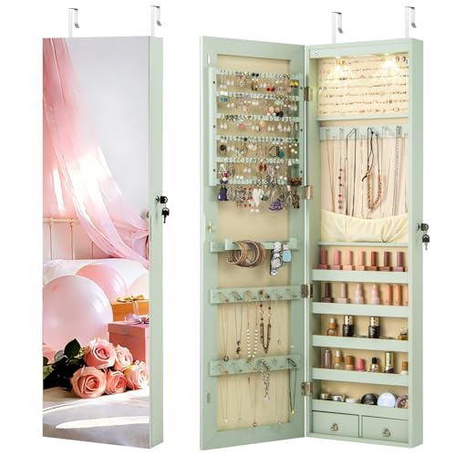 NAFORT 2 LEDs Mirror Jewelry Organizer, 47.5-Inch Borderless Full Length Mirror Jewelry Armoire, Lockable Wall Mounted Jewelry Cabinet, Jewelr Storage Box for Valentine’s Day Gift, Laurel Green - color: Laurel Green