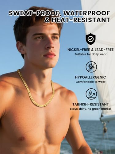 Bestyle Thick Stainless Steel Mens Cuban Link Chain, Black/Gold Chain for Men, No Tarnish & Durable Men Chain Necklace, 5/7/9/12mm Wide, 18"-30" Long, Gift Package - style: b. 5mm-Gold