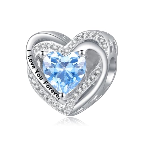 Heart Birthstone Charms for Bracelets, 925 Sterling Silver Women Bead Charms for Charm Bracelets Necklace, Mother's Day Birthday Anniversary Jewelry Gifts for Wife Mom Grandma Daughter - style: Bead - Mar - Aquamarine