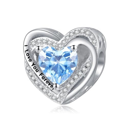 Heart Birthstone Charms for Bracelets, 925 Sterling Silver Women Bead Charms for Charm Bracelets Necklace, Mother's Day Birthday Anniversary Jewelry Gifts for Wife Mom Grandma Daughter - style: Bead - Mar - Aquamarine