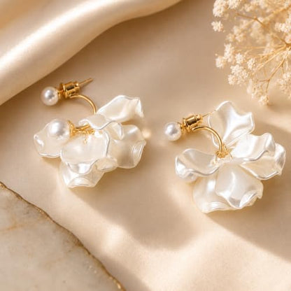 White Petal Pearl Drop Earrings for Women, Irregular Shell Flower Dangle Earrings with Gold Hoop, Elegant Statement Jewelry for Wedding Party