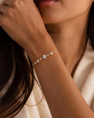 Gold Bracelets for Women Pearl Bracelet 14k Gold/White Gold Plated | Dainty Cubic Zirconia CZ Accented, Bridesmaid Jewelry, Prom Bracelet, Wedding Bracelets for Brides - color: gold-flower leaf