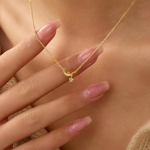 925 Sterling Silver Dainty Moon Star Necklaces for Women Daughter Mom | Moon Pendant Necklaces Trendy Non Tarnish 14K Gold Plated Cute Star CZ Charm Chain Jewish Birthday Wedding Gifts Jewelry - color: Gold