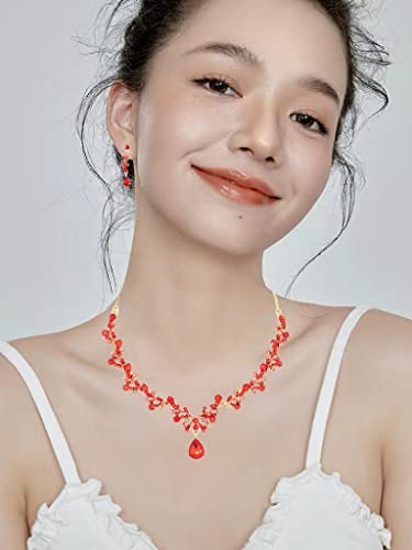 3Pcs Austrian Crystal Jewelry Set for Women, Necklace Dangle Earrings Link Bracelet Jewelry Set with Gold/Platinum/Gun Plated, Wedding Party Jewelry for Bridal Bridesmaid - color: Red-Gold Plated