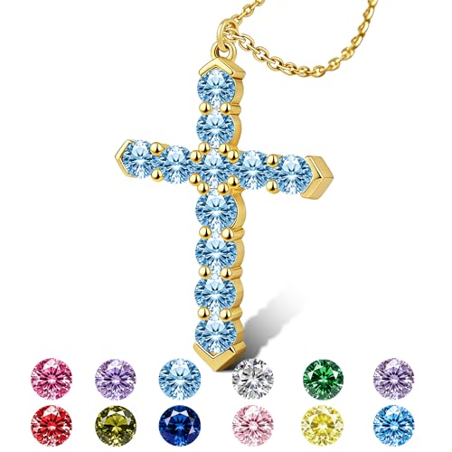 Cross Necklace for Women, Silver Cross Pendant Necklaces | 14K Gold Plated, Dainty CZ Cross Necklace, Non Tarnish and Hypoallergenic Jewelry for Women, Christian Religious Faith Gifts - color: A-Light Blue-Gold