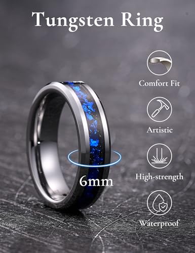 King Will Mens Wedding Band with Foils Inlay, Black/Silver/Gold Beveled Edge Glowstone Ring, 6mm/8mm Tungsten Carbide Rings Comfort Fit - color: Silver&Blue-6mm