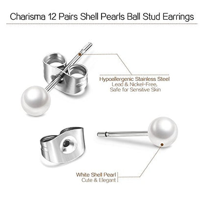 Charisma 5mm Composite Pearl Stud Earrings Round Ball Pearls Hypoallergenic 12 Pairs Imitation Pearl Earrings Set for Women
