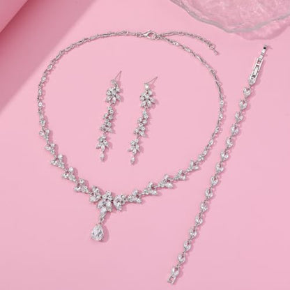 Paxuan Wedding Jewelry Sets for Bride Bridesmaid Bridal Jewelry Set for Women Wedding Crystal Necklace Earrings Bracelet Set for Party Prom Jewelry - color: White - Silver