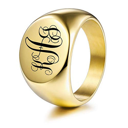 MeMeDIY Personalized Engraved Initial Monogram Oval Signet Ring for Men Women Customize Stainless Steel Letter Rings Valentine's Day Gift Jewelry, Bundle with Ring Size Adjusters - color: C3: Gold - Monogram