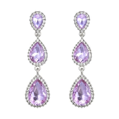 EleQueen Women's Crystal Teardrop Pear Shape 2.5 Inch Long Earrings | Dangle Earrings for Women, TearDrop Crystals Earrings for Bride Bridesmaid, Prom Jewelry for Wedding - color: Light Purple Silver-Tone