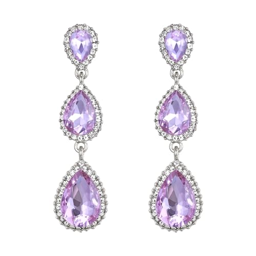 EleQueen Women's Crystal Teardrop Pear Shape 2.5 Inch Long Earrings | Dangle Earrings for Women, TearDrop Crystals Earrings for Bride Bridesmaid, Prom Jewelry for Wedding - color: Light Purple Silver-Tone