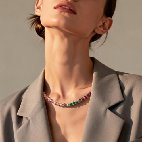 Colorful Beaded Choker Necklaces for Women | Large Natural Stone Bead, Boho Beach Necklace, Trendy Jewelry Gifts, 4 Style, 16+3 in - color: 02-Colorful-Red