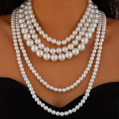 Chunky Long Layered Pearl Necklaces for Women 1920s Multi Strand Layering Faux Pearls Pendant Necklace Vintage Large Stack Statement Jewelry