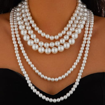 Chunky Long Layered Pearl Necklaces for Women 1920s Multi Strand Layering Faux Pearls Pendant Necklace Vintage Large Stack Statement Jewelry