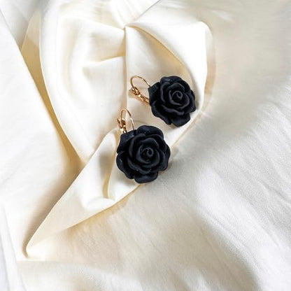 Handmade Bohemian Aesthetic Dainty Acrylic Flower Petal Leverback Earrings Sparkly 14K Gold Floral Dangle Drop Earrings for Women - color: Black