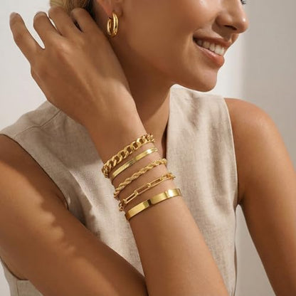 PLOMFOV Gold Bracelets for Women Stack Non Tarnish 14K Gold Plated Chunky Gold Bangles Bracelet Set Beaded Paperclip Chain Cuban Link Dainty Trendy Waterproof Stackable Cuff Bracelets Jewelry Gifts for Women - color: 5Pcs Gold-Cuban Set
