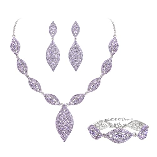 Flyonce Wedding Jewelry Set Rhinestone Crystal Bridal Leaf Necklace Drop Dangle Chandelier Earrings Sets for Women - color: Purple