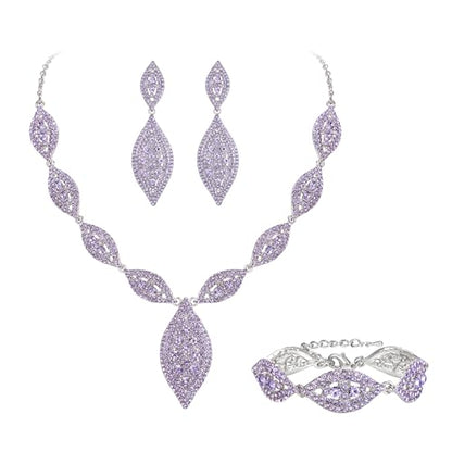 Flyonce Wedding Jewelry Set Rhinestone Crystal Bridal Leaf Necklace Drop Dangle Chandelier Earrings Sets for Women - color: Purple