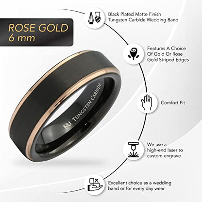 Tungsten Carbide Wedding Bands That Feature Different Finishes and Edge Colors - color: Black/Rose Gold-6mm