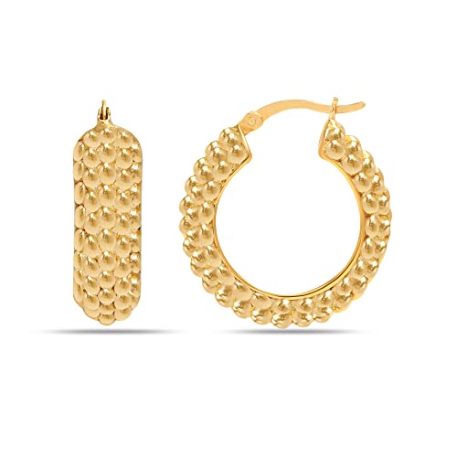LeCalla 925 Sterling Silver Bali-Style Hoop Earrings Lightweight Click-Top Antique Two-Tone Beaded Italian Bali Style Earring Hoops for Women - style: Gold-plated Beaded