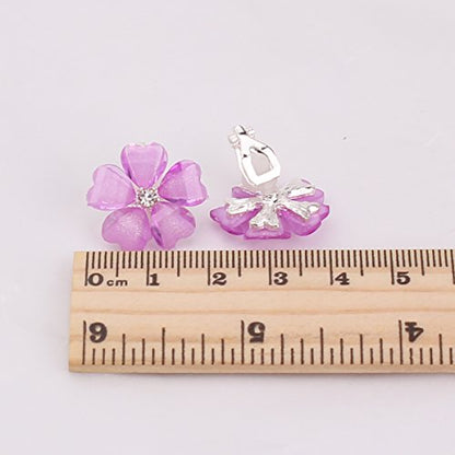 Silver Plated or Gold Plated Opal Flower Shape Clip on Earrings Non Piercing for Women - color: Purple