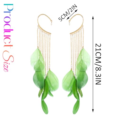 Catery Feather Earrings Long Tassel Boho Earrings Dangling Fringe Prom Jewelry for Women - color: Green
