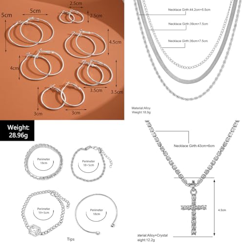 116 Pcs Silver Jewelry Set with 7Pcs Layered Necklace, 11 Pcs Bracelet and 22pcs Hoop Earrings ,22pcs Knuckle Rings,54pcs stud earrings Jewerly set For Women Valentine Anniversary Birthday Friendship Gift