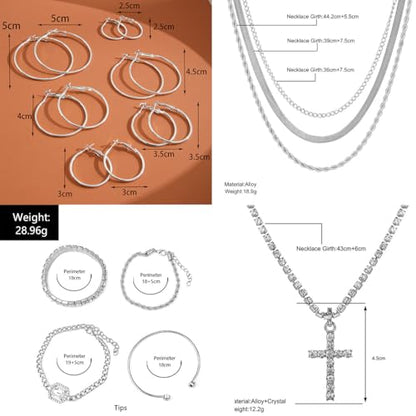 116 Pcs Silver Jewelry Set with 7Pcs Layered Necklace, 11 Pcs Bracelet and 22pcs Hoop Earrings ,22pcs Knuckle Rings,54pcs stud earrings Jewerly set For Women Valentine Anniversary Birthday Friendship Gift