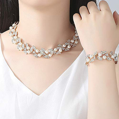 Simulated Pearl Leave Floral Bridal Jewelry Sets, Crystal Wedding Necklace Earrings Bracelet Sets Jewelry Engagement Gift - color: A-Gold