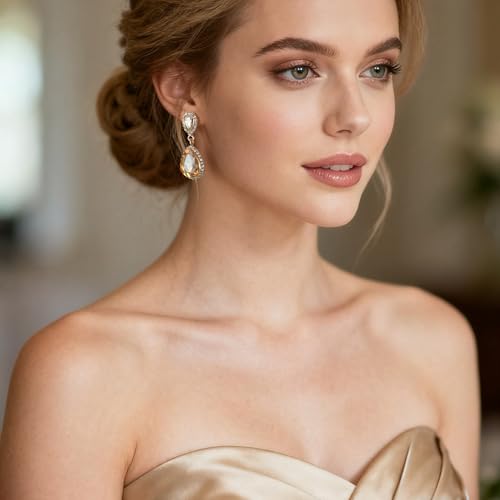 EVER FAITH Women's Austrian Crystal Wedding Tear Drop Dangle Earrings | Bridal Prom Jewelry for Bride Bridesmaid - color: Champagne