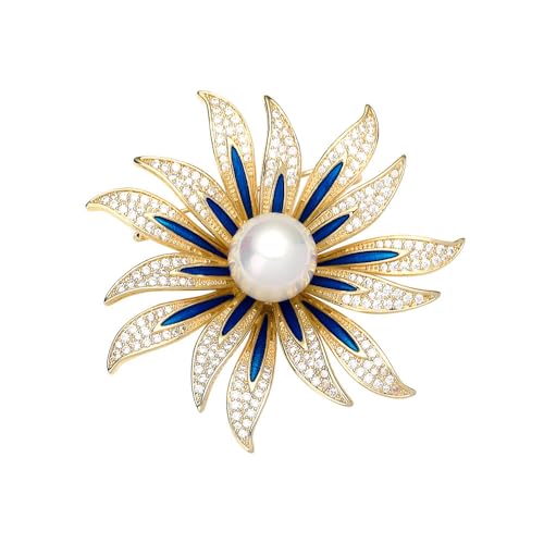 Elegant Sunflower CZ White Pearl Blue Enamel Brooch Lapel Pins for Women Dainty Sparkly Crystal Flower Brooches Pin Fashion Jewelry for Party Banquet Dress Suit Ceremony Clothes Accessories Gifts for Her Thanksgiving - color: Gold