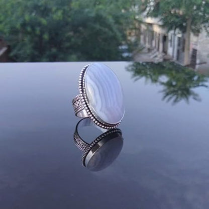 Blue Lace Agate Ring, Statement Ring, Big Gemstone Ring, Vintage Style, Agate Ring, Weding Ring, Handmade Ring, Gift For Her, 925 Sterling Silver Ring, Christmas Day Gift, Unique Jewelry