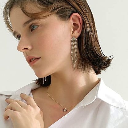 HERIER Rhinestone Earrings Dangling for Women Chandelier Statement Tassel Earrings Girls Silver Sparkly Drop Cubic Zirconia Crystal Earrings Long Dangle Costume Jewelry - color: Silver-Triangle Tassel
