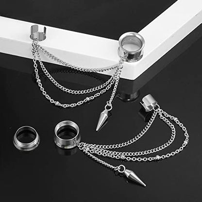 2PCS 6mm-25mm (2G-1") Trendy Cuff Clip Triple Chain Dangle Ear Plugs Gauges Screw Ear Tunnels for Women Men Hypoallergenic 316 Stainless Steel Ear Body Piercing Jewelry - size: 16mm/5/8